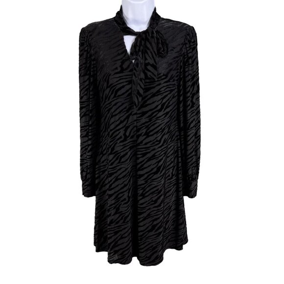 Calvin Klein Womens 4 Black Velvet Burn Out Zebra Print Long Sleeve Retro Dress - Picture 1 of 16